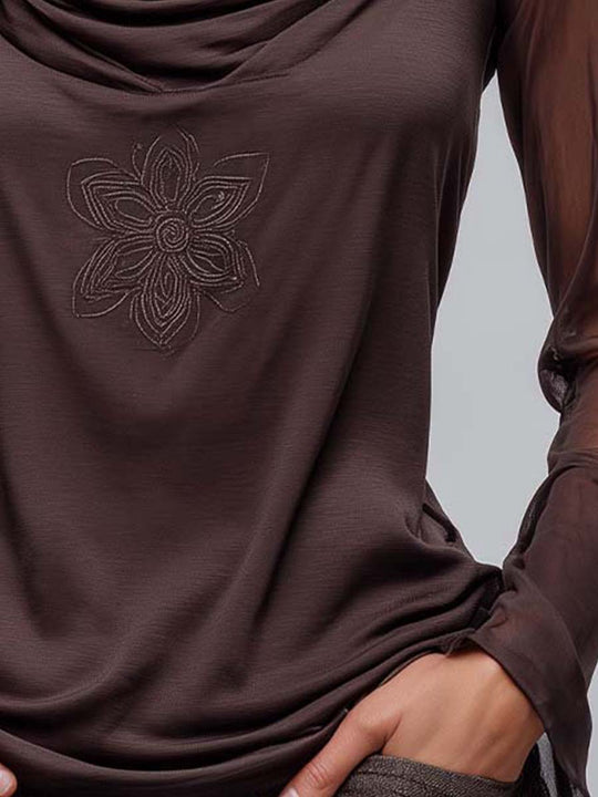 Draped Cowl-Neck Top With Sheer Mesh Sleeves And Embroidered Motif