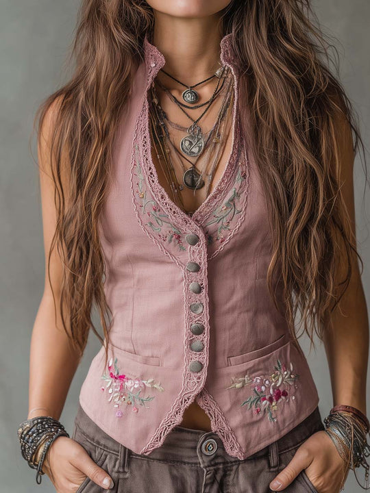 Retro Floral Embroidered Lace Trim Cotton Linen Vest