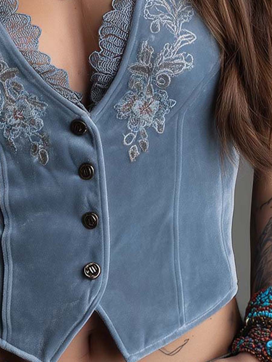 Dusty Blue Velvet Embroidered Lace-Trim Corset Vest