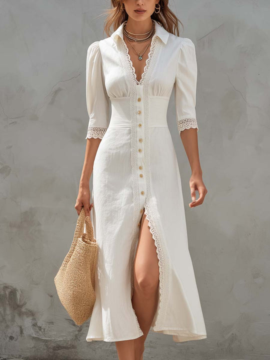 Vintage Lace-trimmed Cotton And Linen Midi Dress