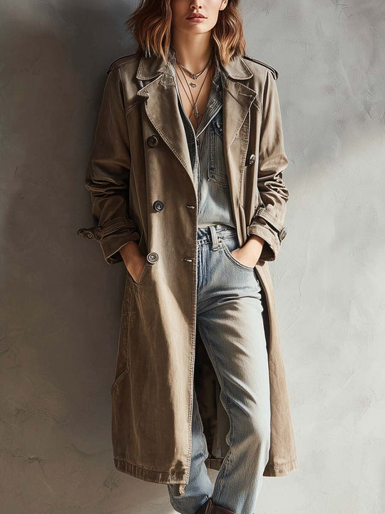 Washed Olive Pure-Cotton Denim Trench Coat