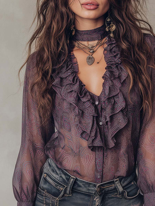 Vintage Paisley Print Ruffled Collar Chiffon Blouse