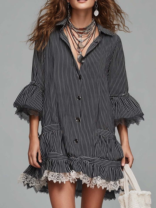 Boho Vintage Pinstripe Lace-Trim Shirt Dress