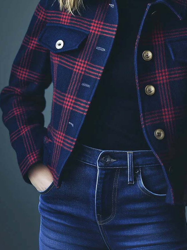 Chic Lapel Check Pattern Pockets With Flap Woolen Jacket