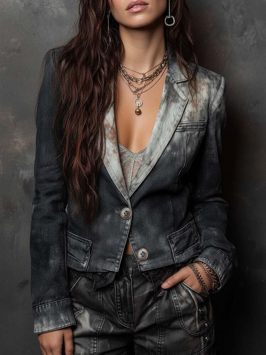 Shadow-Wash Cropped Denim Blazer