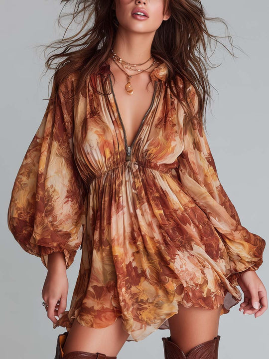 Floral Chiffon Zip-Front Mini Dress