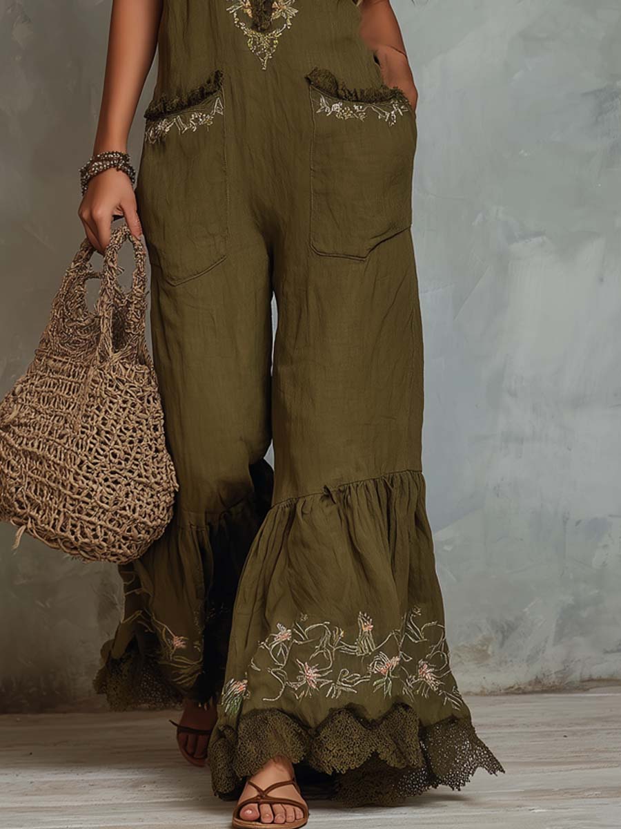 Vintage Floral Embroidered Flare Hem Jumpsuit