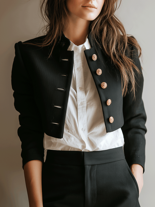 Modern Black Cropped Military Button Short Jacket