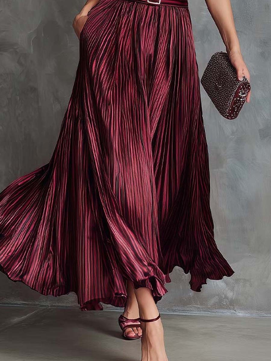 Vintage Glam Wine Pleated Belted Maxi Dress