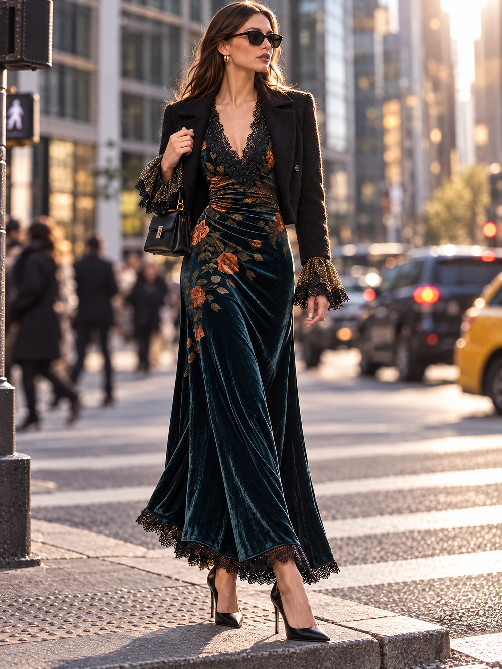 elegant Dark Teal Velvet Floral Print Ruched Waist Maxi Dress with Lace V-Neck