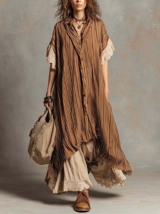 Bohemian Casual Striped Midi Dress With Linen Patchwork Hem.