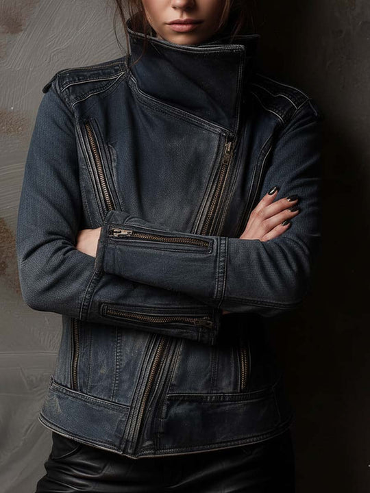 Washed Steel-blue Distressed Denim Moto Jacket