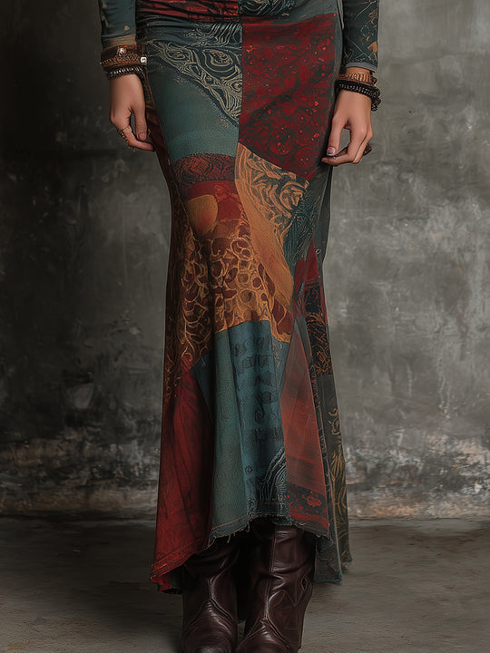 Bohemian Ethnic Print Cotton Blend Slim Fit Fishtail Maxi Dress