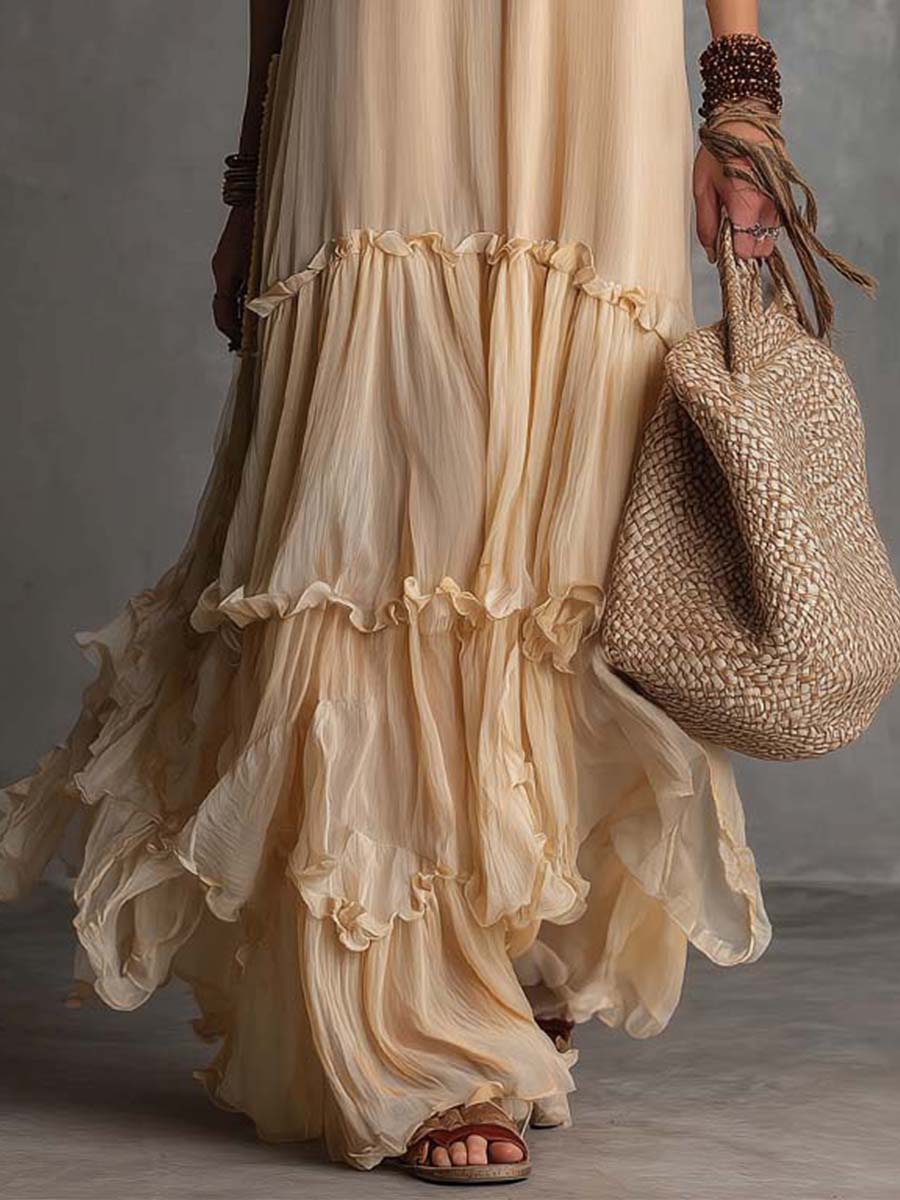 Soft Cream Vintage Flow Boho Tiered Ruffle Maxi Dress