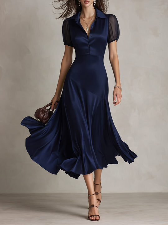 Elegant Deconstructed Satin Puff-Sleeve Midi Dress