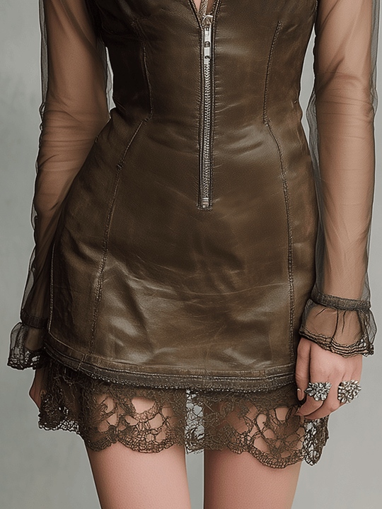 Vintage Mesh Panel Zippered Lace-Trimmed Leather Dress