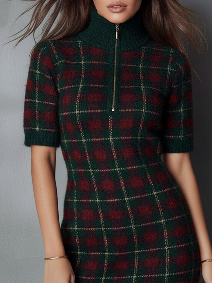 Classic Forest Green & Burgundy Plaid Knit Zip-Neck Mini Dress