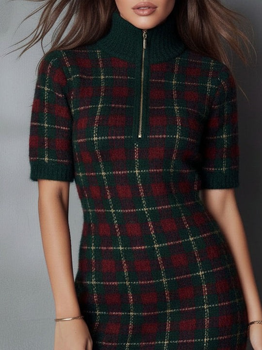 Classic Forest Green & Burgundy Plaid Knit Zip-Neck Mini Dress