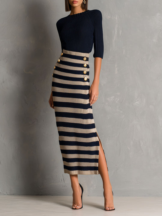 Quiet Luxury Navy & Beige Knit Striped Sweater Top And Midi Skirt Set