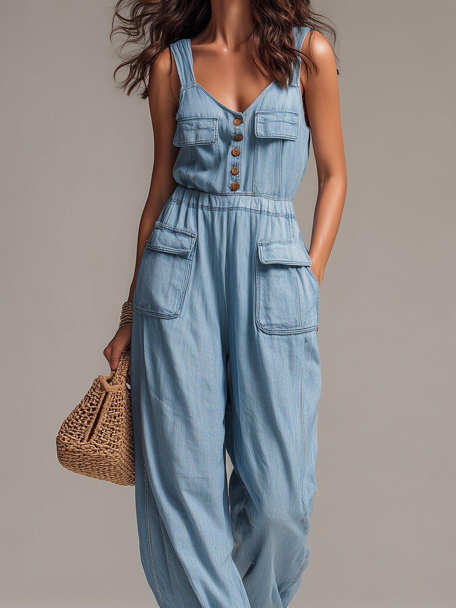 Boho Washed Denim Patch Pocket Wide Leg Jumpsuit