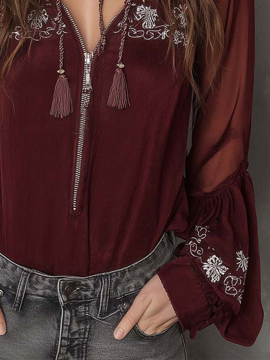 Embroidered Boho Zip-Front Chiffon Blouse