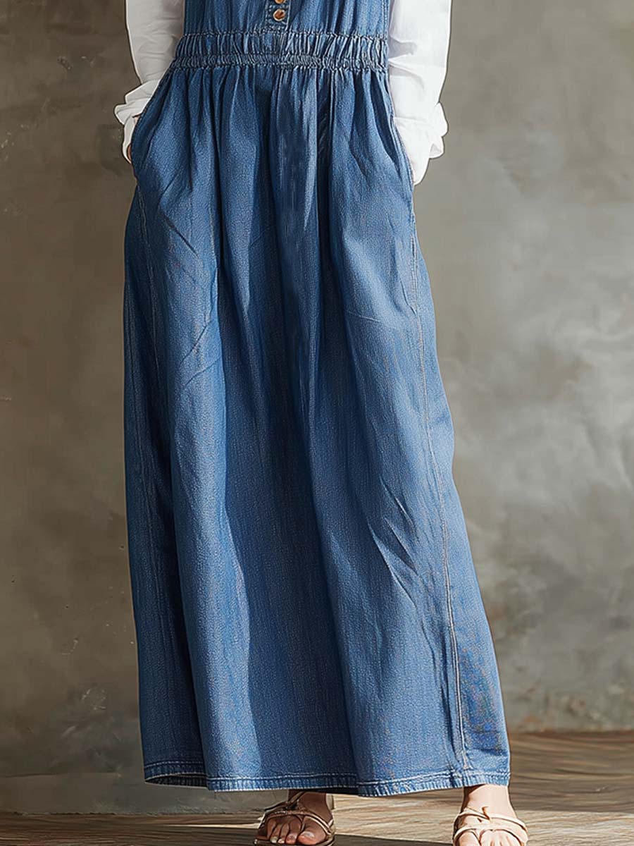 Retro-style Elastic Waist Denim Maxi Dress