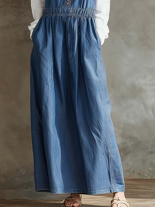 Retro-style Elastic Waist Denim Maxi Dress