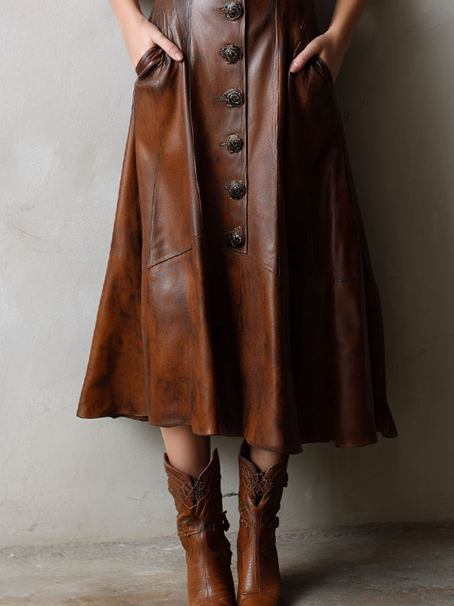 Vintage Cognac Brown Button-Front A-Line Eco Leather Midi Dress