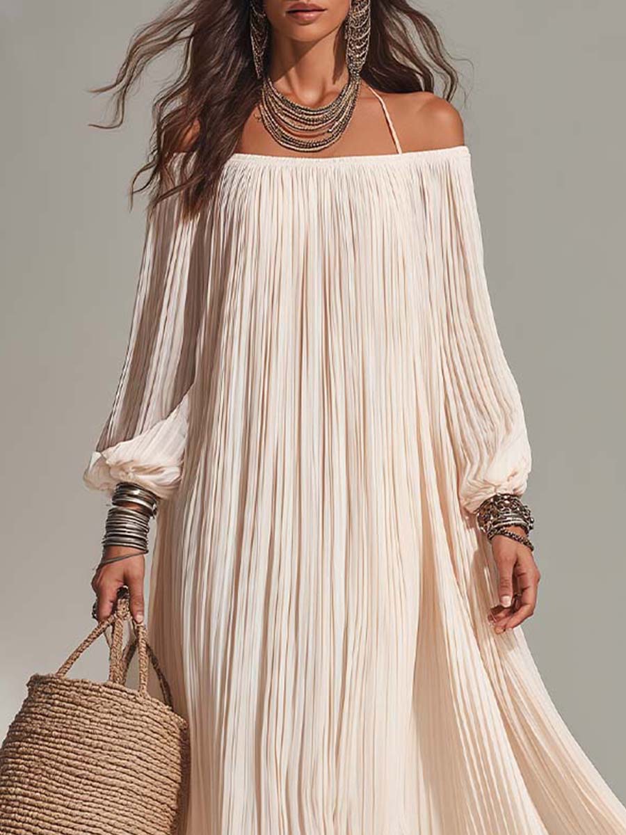 Bohemian Resort Pleated Ivory Off-Shoulder Maxi Dress