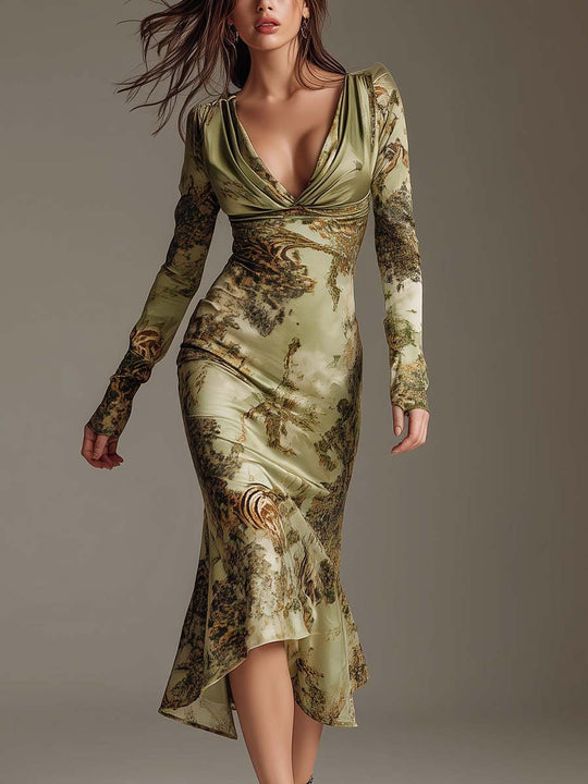 Sage Moss Printed Stretch Satin Midi Dress