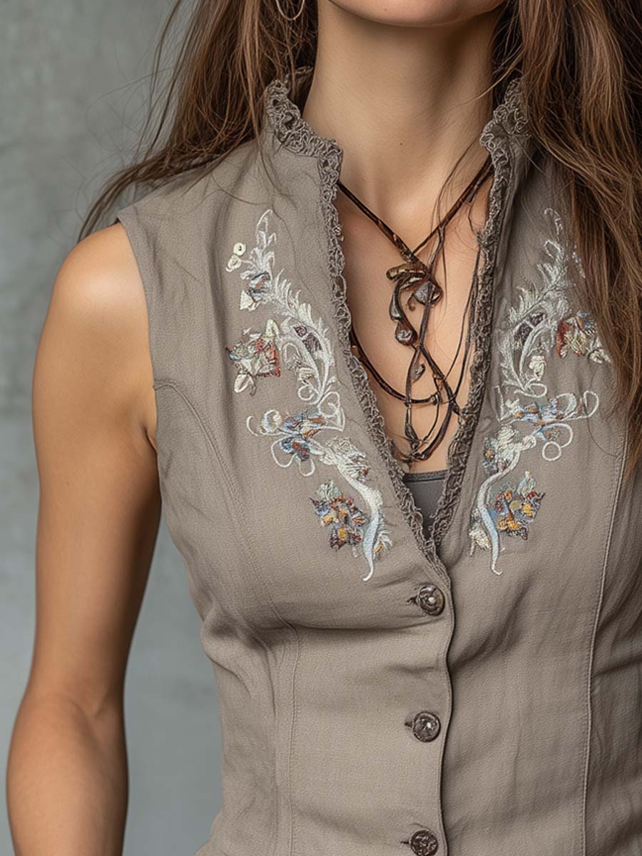 Vintage Lace-trimmed Floral Embroidered Cotton And Linen Vest
