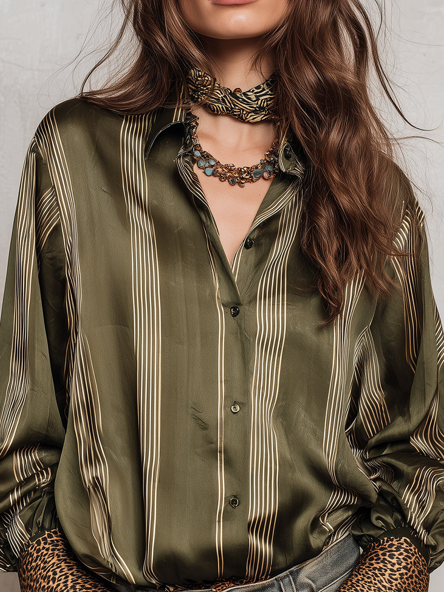 Retro Striped And Leopard Print Satin Blouse