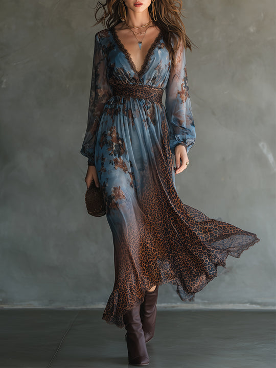 Boho Holiday Leopard Print Chiffon Lace Maxi Dress