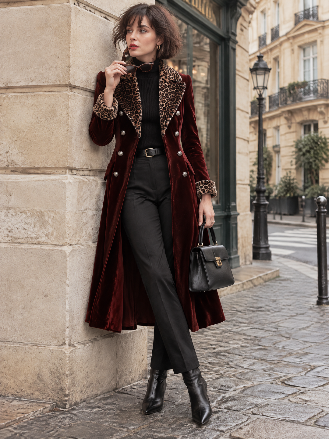 Quiet Luxury Velvet Long Coat With Leopard Faux Fur Collar