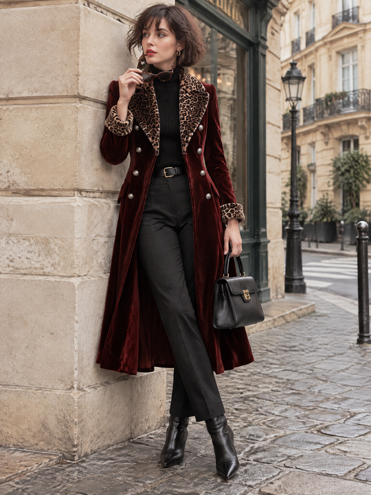 Quiet Luxury Velvet Long Coat With Leopard Faux Fur Collar
