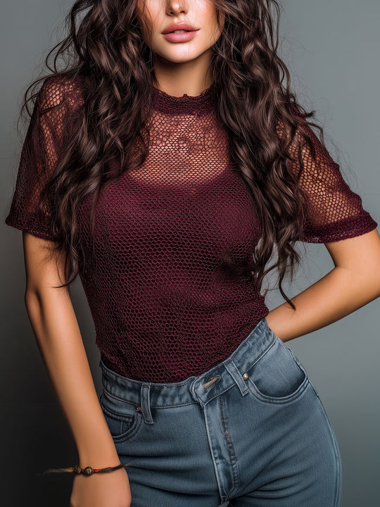 Mock Neck Burgundy Sheer Open Knit Top With Camis