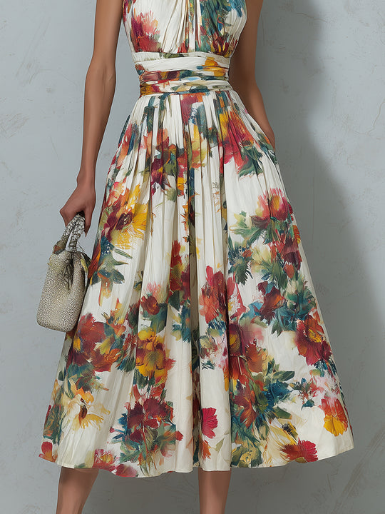 Retro Halter Neck Floral Print Pleated Midi Dress