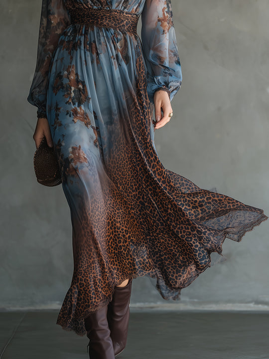 Boho Holiday Leopard Print Chiffon Lace Maxi Dress