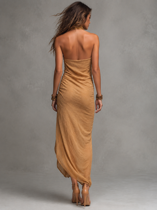 Boho Cross Halter Ruched Linen Midi Dress
