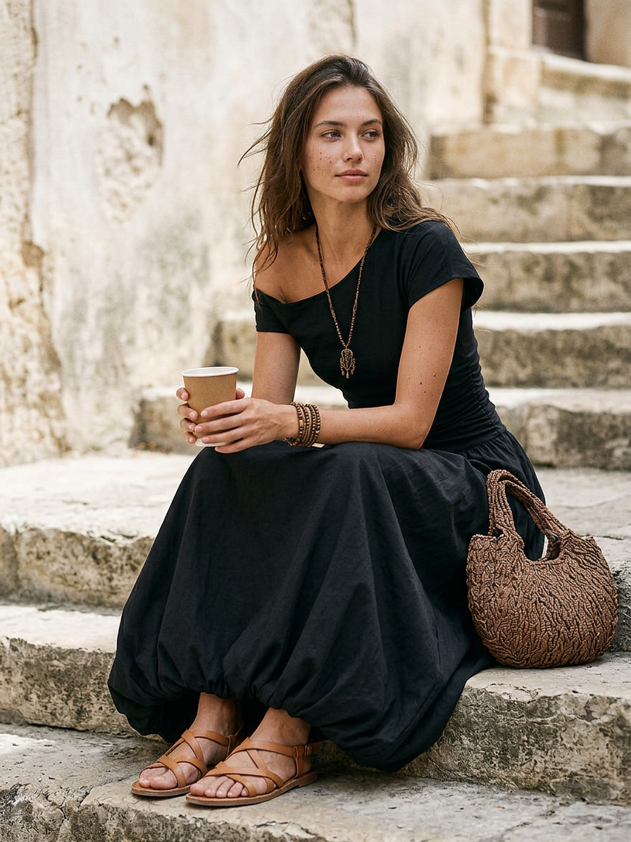 Vintage-style One-shoulder Balloon Hem Maxi Dress