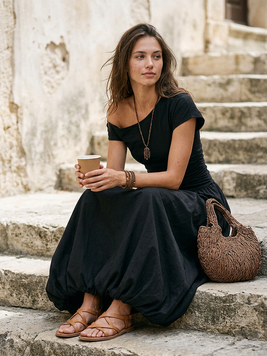 Vintage-style One-shoulder Balloon Hem Maxi Dress