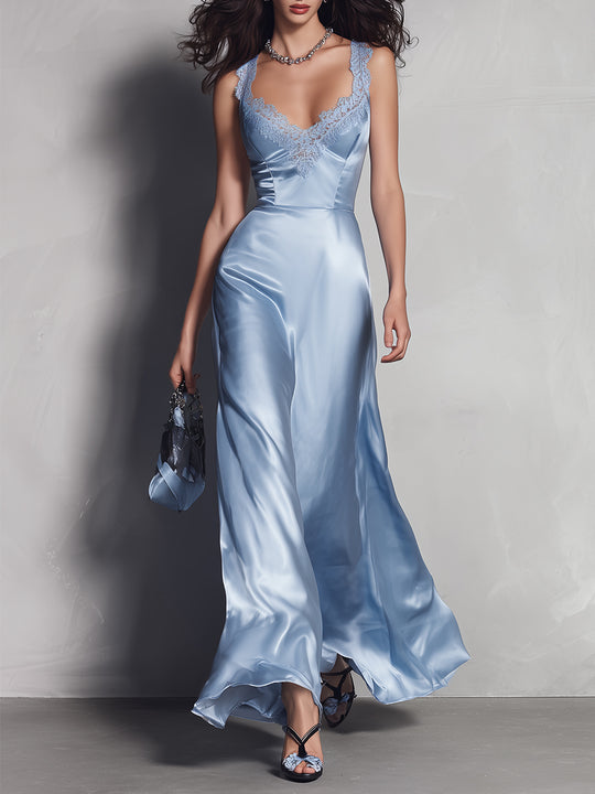 Elegant Satin Lace Spliced suspender Maxi Dress