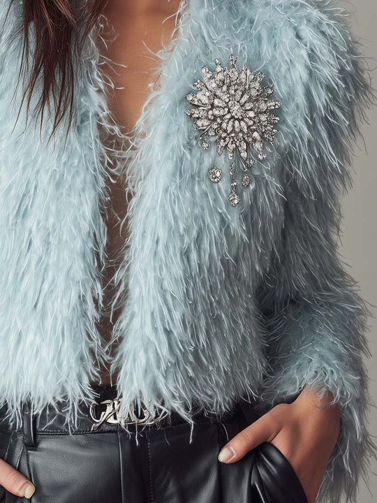 Ice Blue Feather-Texture Faux Fur Jacket