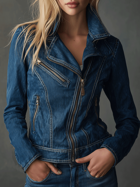 Vintage Utility Chic Asymmetric Zip Denim Moto Jacket