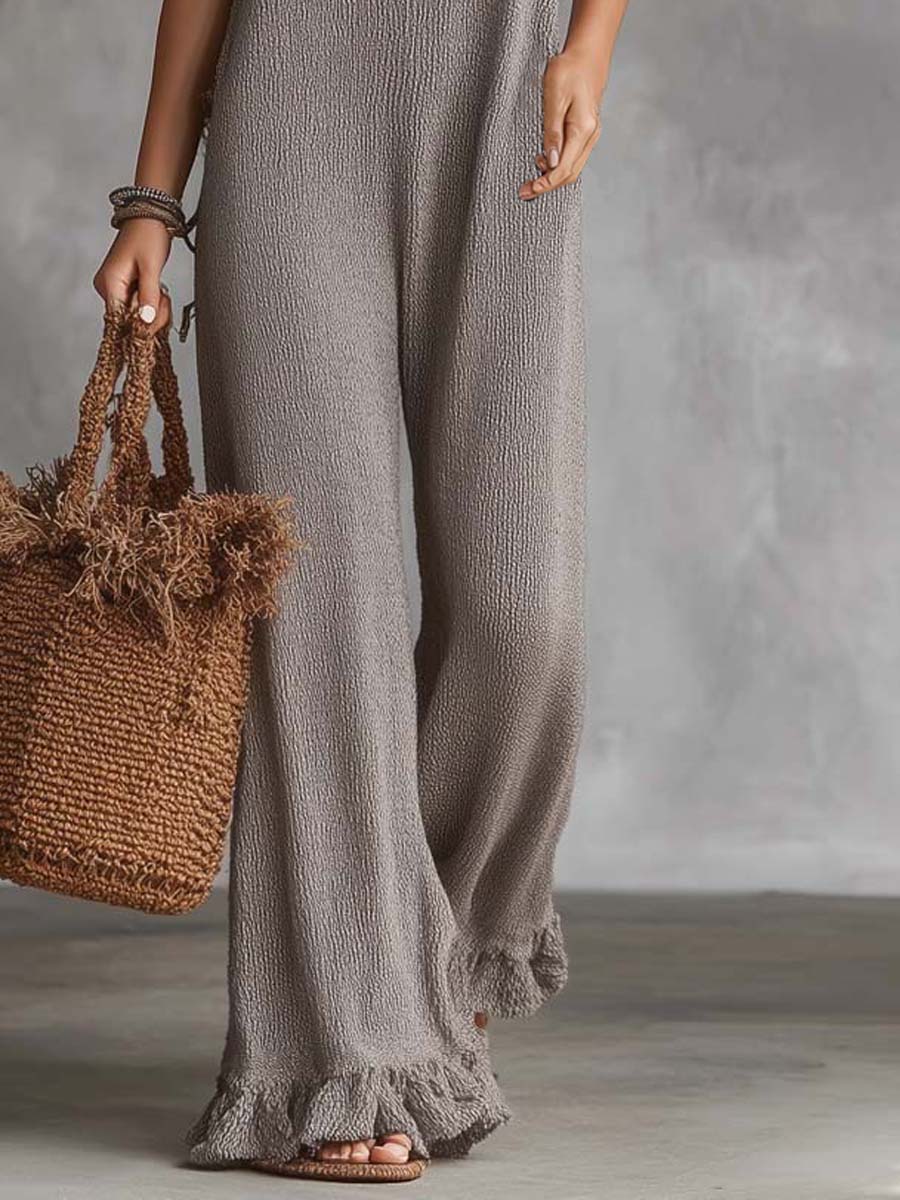 Retro Ruffled Collar  And Hem Knitted Jumpsuit