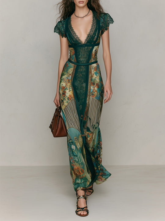 Boho Print Lace Trim Ethnic Print Maxi Dress
