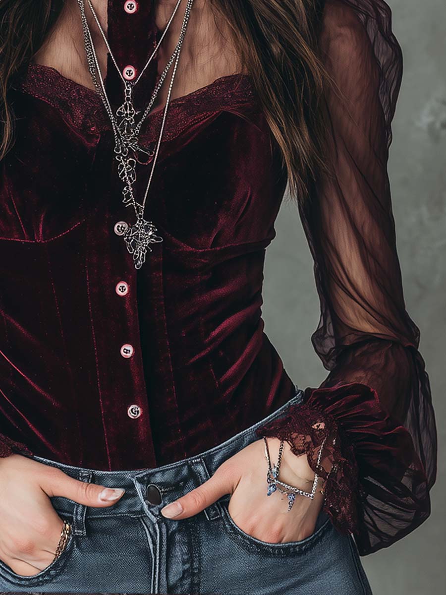 Retro Sheer Sleeves Polyester Velvet Blouse