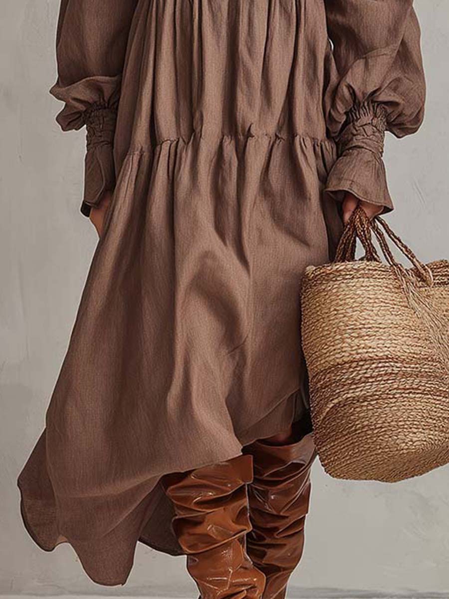 Ruffled Off-Shoulder Viscose–Linen Maxi Dress