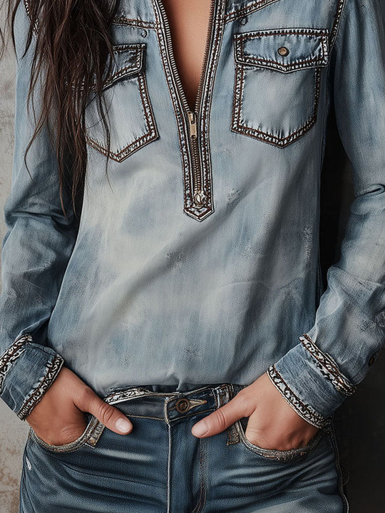 Vintage Western Light Wash Denim Zip-Front Shirt