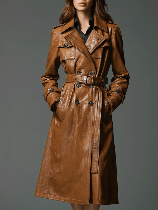 Classic Cognac-Colored Belted Faux Leather Trench Coat